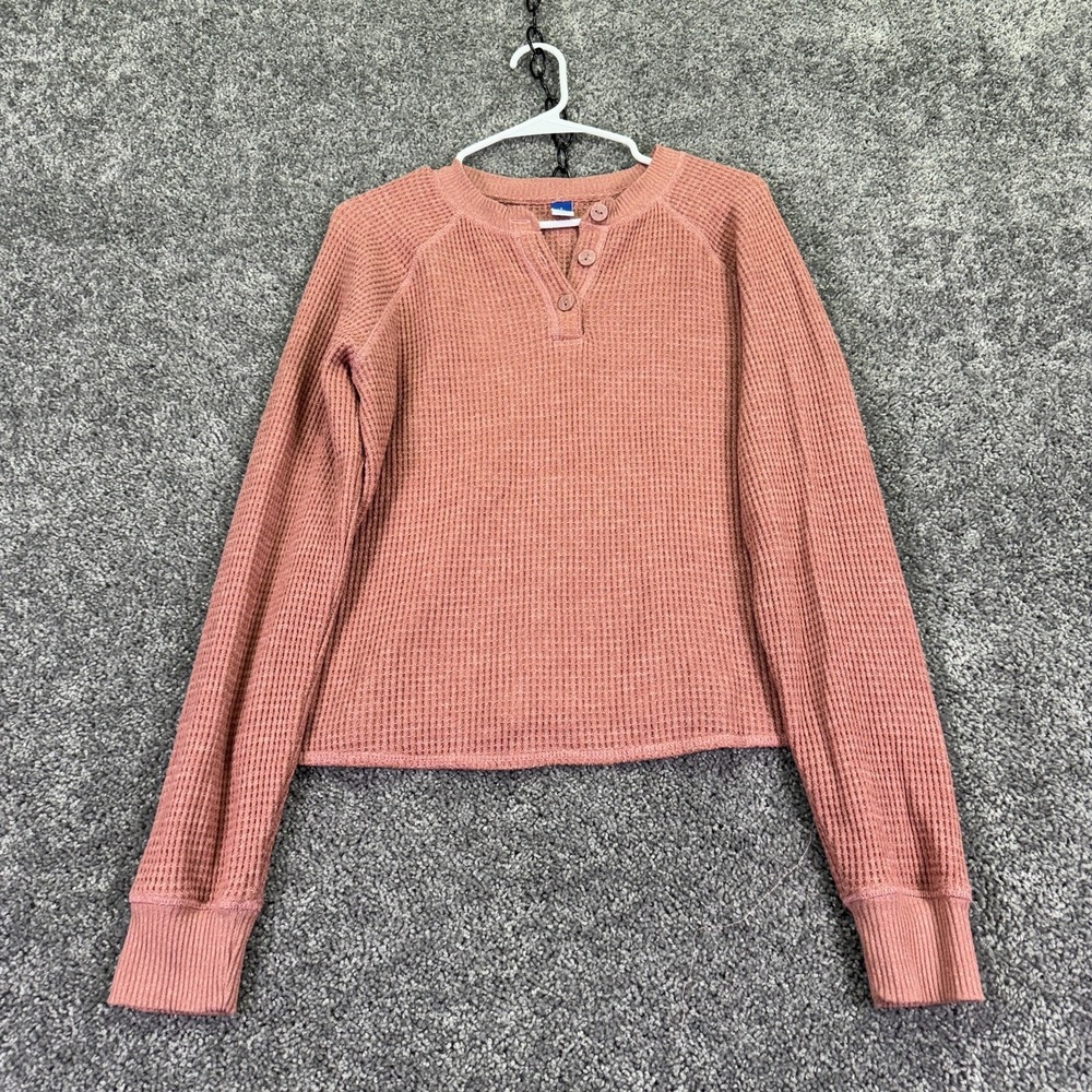 Old Navy Shirt Womens Small Tall Pink Thermal Waffle Knit Henley Long Sleeve Tee